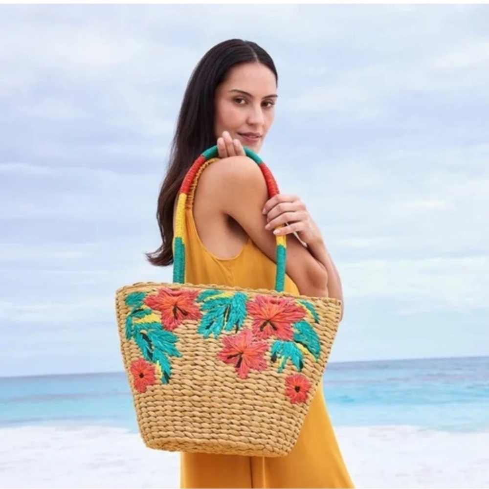 Patricia Nash Colorful Floral Straw Tote Bag